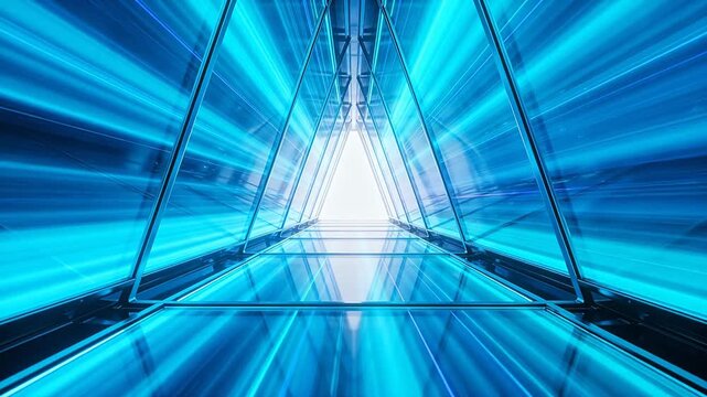 Futuristic triangular tunnel with blue purple neon lights and white glow