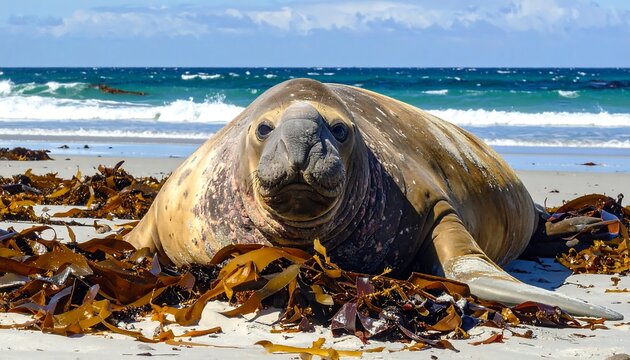 A large sea lion on a sandy beach with seaweed