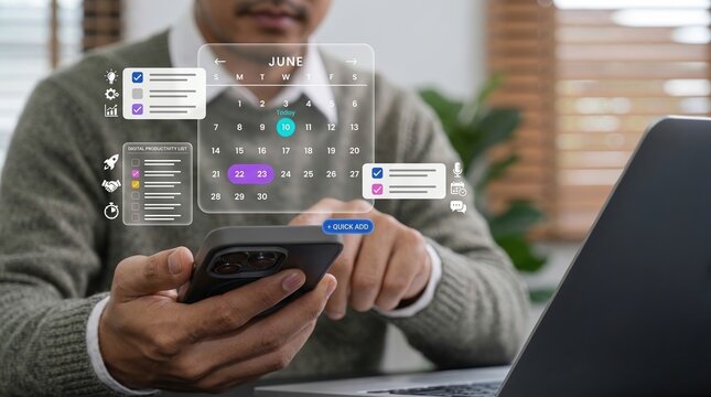Person using smartphone with digital productivity calendar and task list interface for effective time management