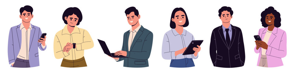 Obraz premium vector set of business people using digital devices such as smartphones, tablets, laptops, and smartwatches. ideal for corporate, technology, remote work, and business lifestyle concepts