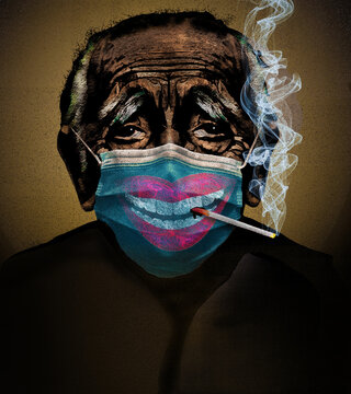 Trying to be healthy is an old man wearing a mask to avoid flu and covid but he just can't stop smoking cigarettes. He is wearing a smiley medical mask in a 3-d illustration.