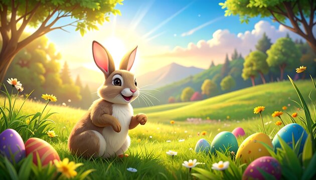 Cartoon rabbit in a sunny field with decorated Easter eggs under a bright blue sky and rolling hills