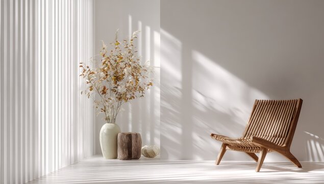 Minimalist Interior Design with Natural Light and Wooden Chair.