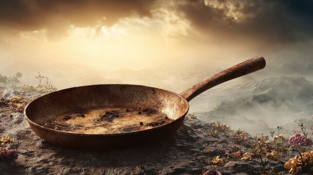 Rusty Cooking Pan in a Dusty Environment with Dramatic Clouds
