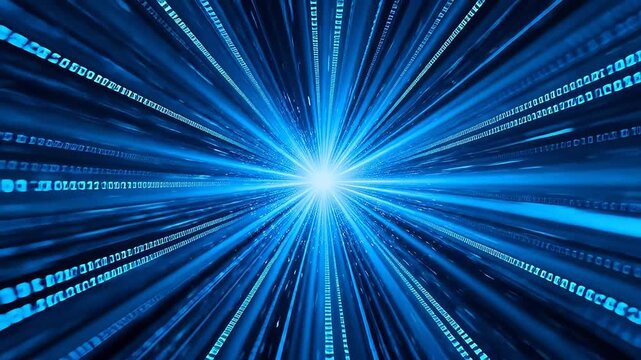 Blue digital light explosion with code characters