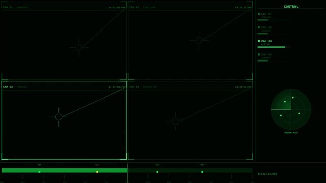 Abstract digital display with multiple camera feeds monitoring motion detection across various surveillance zones.
