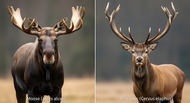 Comparison of a moose and a red deer showing their distinct antler shapes and facial features