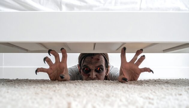 Eerie view under bed of a spooky figure with glowing eyes and clawed hands on a neutral textured carpet