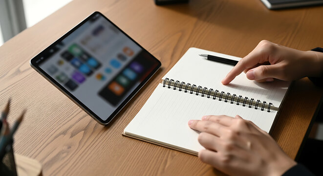 Person using tablet and writing in notebook, close-up on desk with natural light