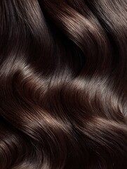 Fototapeta premium Glossy, dark brown, wavy hair strands, detailed close-up showing texture and color depth