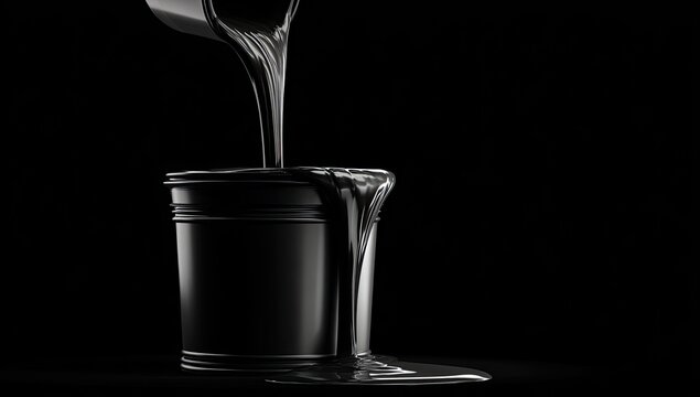 Glossy, dark liquid pouring from container into metal pail, with spill onto dark surface