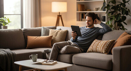 Obraz premium Relaxed man sitting on a sectional sofa in a cozy living room, reading a tablet with a coffee table in front of him.