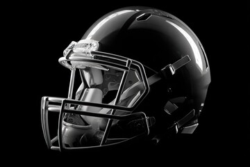 Fototapeta premium Glossy, futuristic helmet with intricate face mask, isolated against dark backdrop
