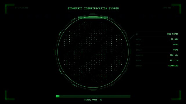 Futuristic biometric identification system scanning iris data for security and access control.