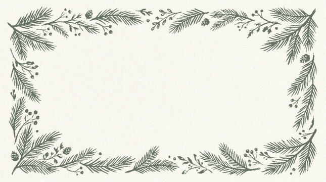 Elegant hand drawn christmas wreath frame with pine branches berries and delicate foliage on a clean white background