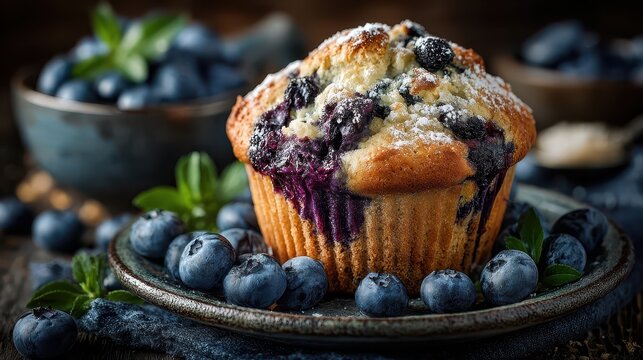 Delicious blueberry muffin with golden crust sprinkled with sugar and surrounded by fresh blueberries