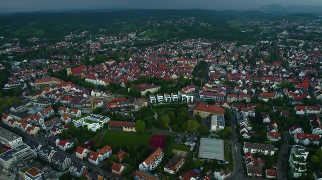 Aerial view of the city Kirchheim unter Teck in Germany on a cloudy rainy day in Spring