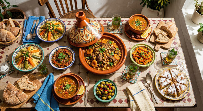 Vibrant Moroccan Gastronomy Flat Lay with Tajine, Couscous, Zaalouk, Harira, and Rustic Bread, Captured in Dramatic Sunlight and Rich Textures.