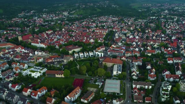 Aerial view of the city Kirchheim unter Teck in Germany on a cloudy rainy day in Spring