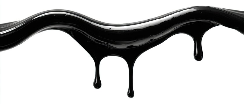 Glossy, viscous black liquid streak with drips isolated on a crisp white background