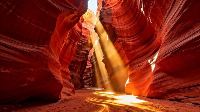 Red sandstone canyon with sunlight beams through top cracks