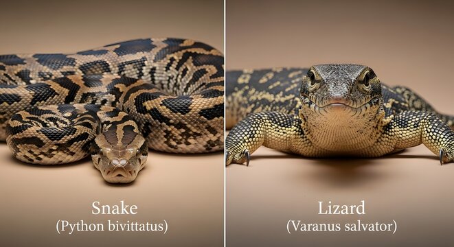 Comparison of a burmese python and an asian water monitor lizard