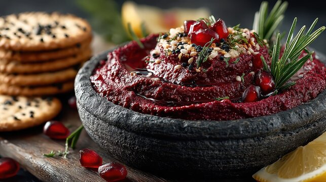 Delicious traditional beet hummus served in a stone bowl with fresh herbs fruits and cookies on rustic wooden background