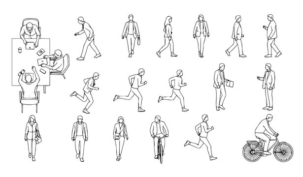 CAD people outline set top view walking running cycling vector illustration isolated on white background