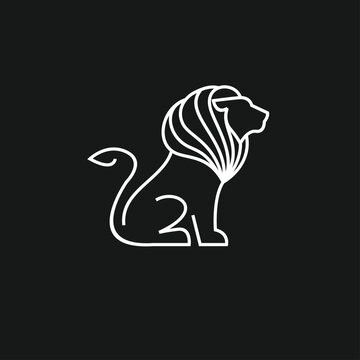 Elegant Line Art Lion Logo Icon Sitting in Profile on Black Background, Modern Minimalist Wild Animal Design