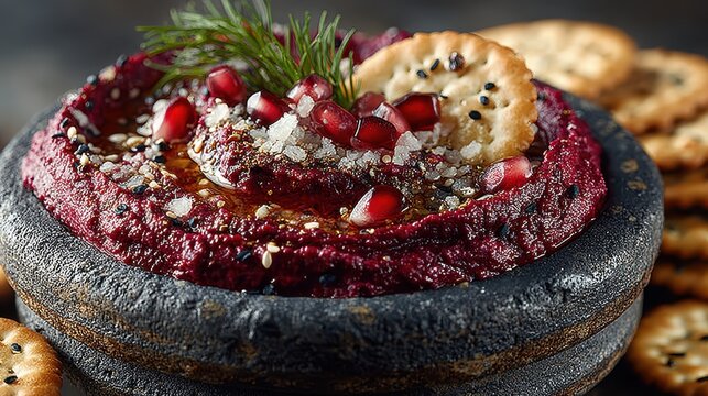 Traditional Jewish Passover Seder Plate Featu Charoset, Pomegranate Seeds, Parsley, and Horseradish on a Dark Stone Plate