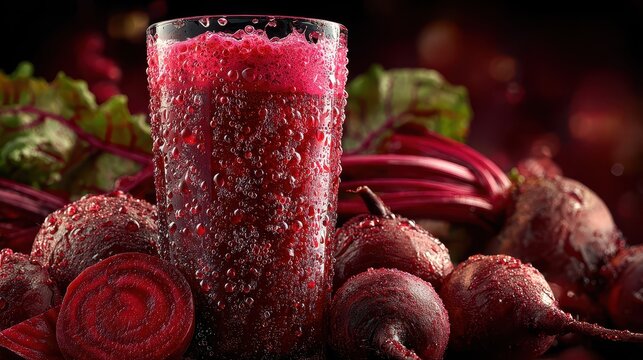 Refreshing beetroot juice in a tall glass surrounded by fresh raw beets and slices on dark background