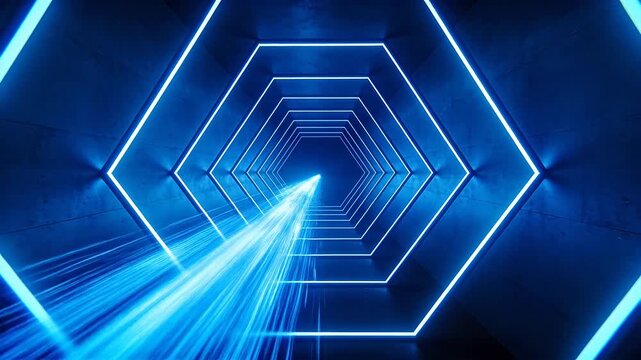 Blue hexagonal sci-fi tunnel with glowing light trails