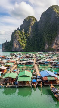 Ko Panyi Floating Village in Thailand with Limestone Cliffs and Traditional Houses.