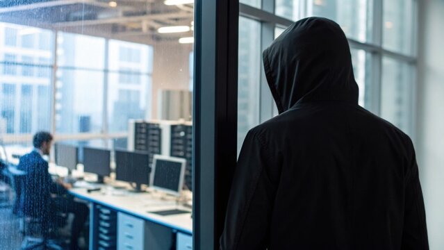 A hooded figure watches an office worker through a glass window, hinting at surveillance or cybersecurity threats in a modern workplace.