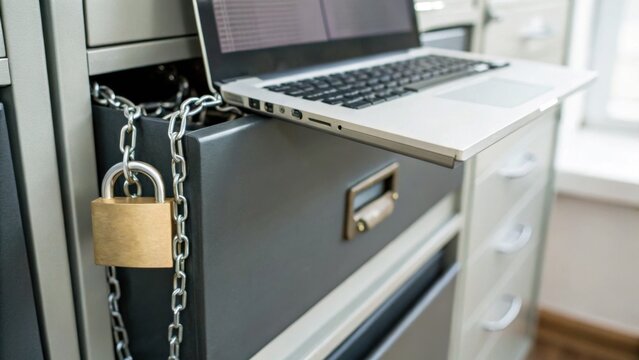 A laptop is secured with a chain and padlock on a filing cabinet drawer, symbolizing data protection and physical security in an office setting.