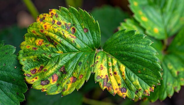 Diseased green leaves with yellowing and brown spots on a plant, close-up, with blurry background of other leaves