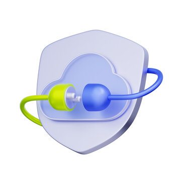 3D illustration of cloud shield with electrical plug connection for secure connection, network integration, cloud computing, data transmission, system access, and secure API.