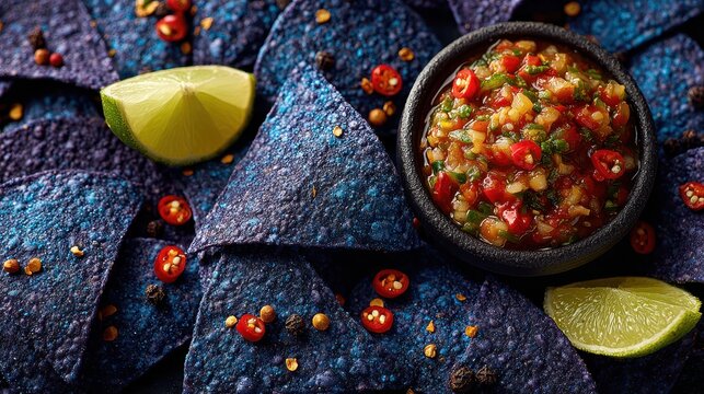 Colorful spicy tomato salsa with blue corn tortilla chips and lime wedges on dark textured background