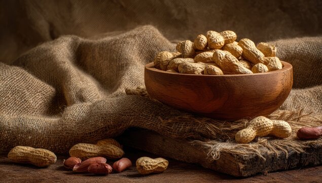 Rustic Wooden Bowl Overflowing with Fresh Peanuts on Burlap.