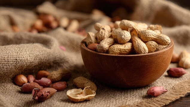 Bowl of Unpeeled Peanuts on Burlap Fabric.