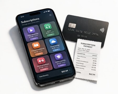 A smartphone showing generic subscription services next to a credit card and payment receipt. Concept of subscription economy, recurring payments, digital services and personal finance.