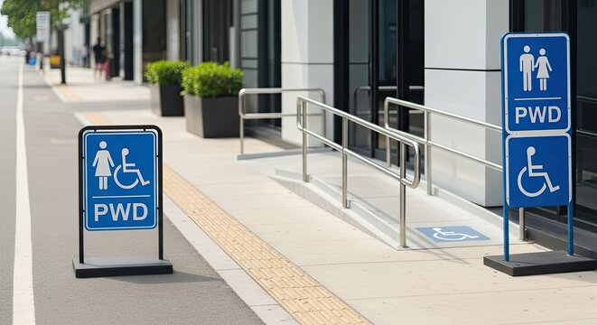 A photograph shows a modern building exterior with accessible signage. Two blue signs with white silhouettes of a person in a wheelchair and a person using a walking stick are prominently displayed.