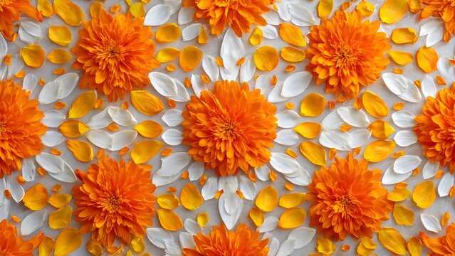 Top view of floral rangoli pattern with orange marigold and white jasmine petals for Indian festivals like Diwali and Onam