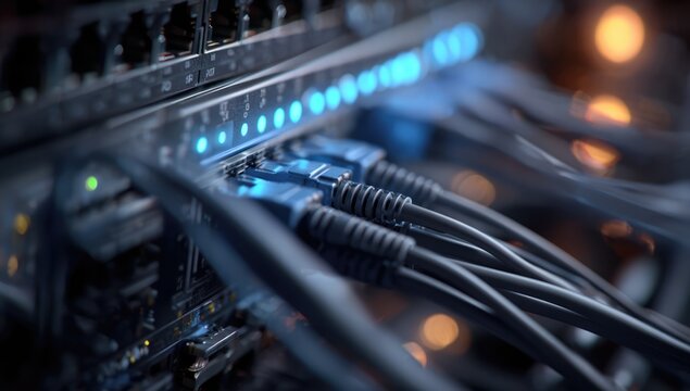 Close-up of Network Switch with Blinking Blue Lights and Connected Cables.