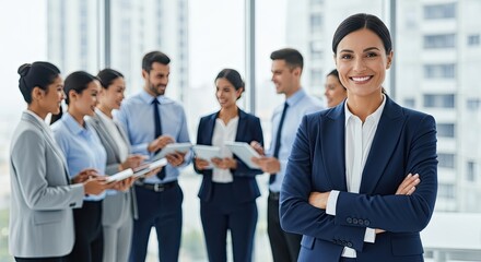 Obraz premium A confident businesswoman stands in front of a group of colleagues in a modern office. The woman, wearing a navy blue suit, has her arms crossed and a warm smile on her face.