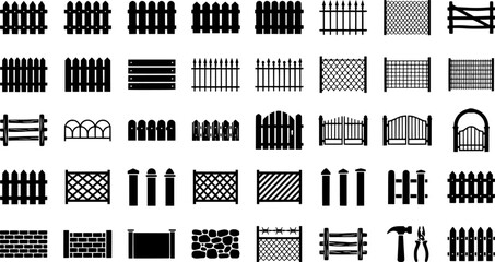 Fototapeta premium Various fence designs: picket, chain link, and metal styles illustrated 