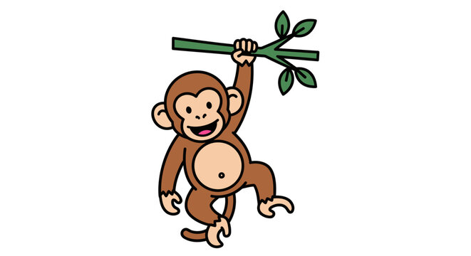 A cute monkey is hanging from a branch with leaves in forest