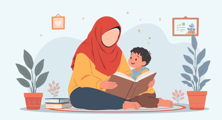 Fototapeta premium Woman and child reading book together.
