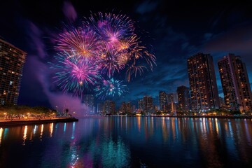 Fototapeta premium City skyline illuminated by fireworks display
