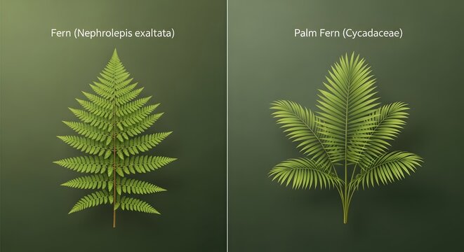 Comparison of a boston fern nephrolepis exaltata and a palm fern cycadaceae leaf structure